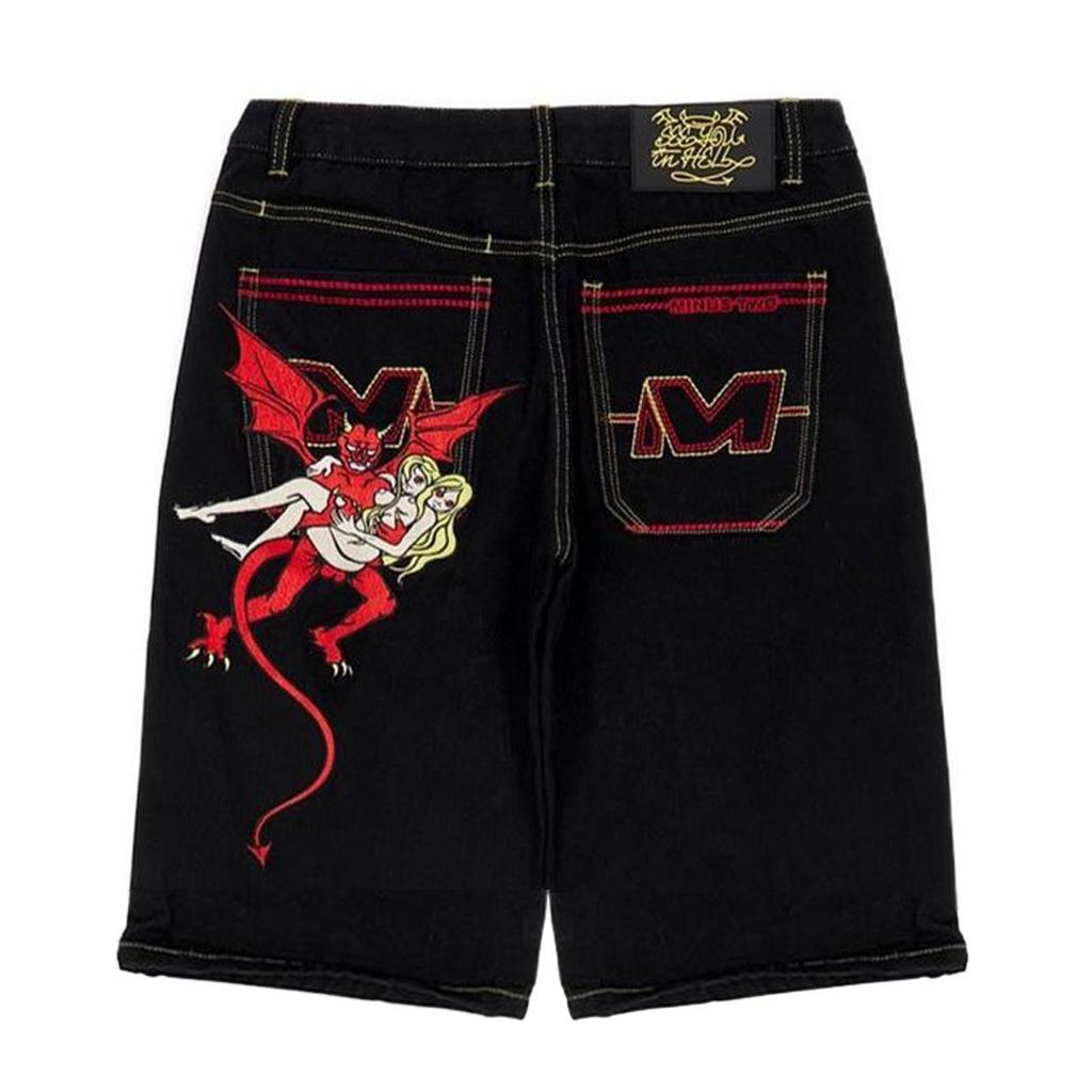 Unisex Streetwear Mens Womens Jeans Hip Hop Demon Devil Pattern Embroidered Trousers Harajuku Casual Straight Baggy Jeans Shorts