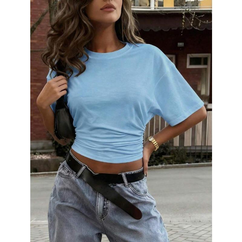 Summer Pleated Solid-color Round-neck Fitted Crop-top Slim-fit Short-sleeve Women's Dress