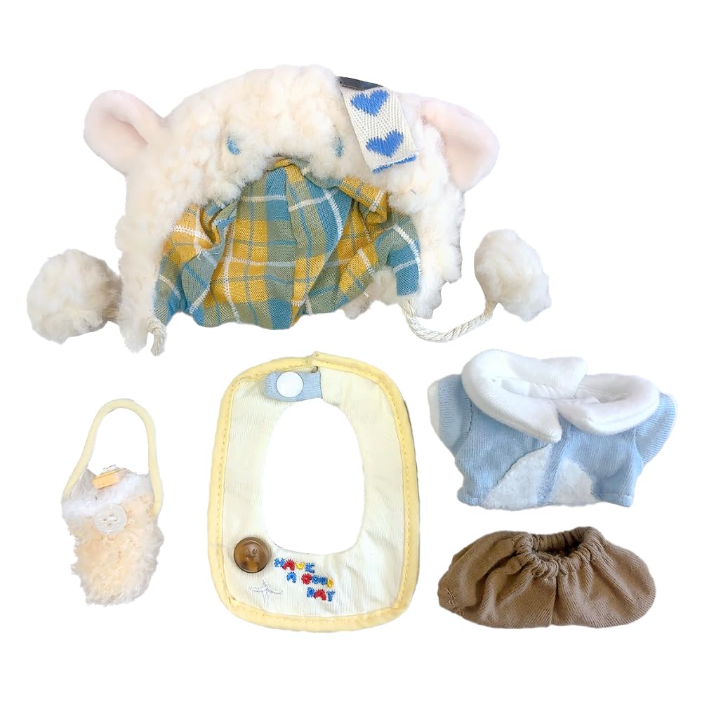 Sheep Kigurumi Cap, Bib, Shirt, Pants, and Bag Set for 10cm Plush Toy, Kigurumi Accessories, Otaku Activities, Doll Mascot, Kpopdoll Costume [Used]