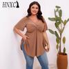 Plus-size Solid Color Hollowed-out Front Chest, Twisted Waist, V-neck Short-sleeved Top with A Large Swing