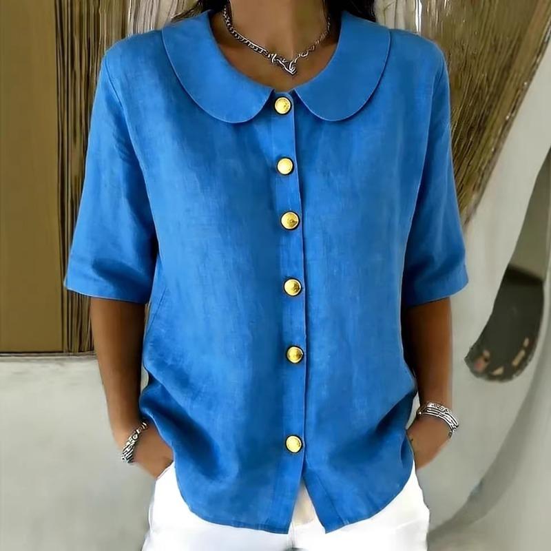 Elegant Commuting Loose Solid Button Half Sleeve Shirt For Women