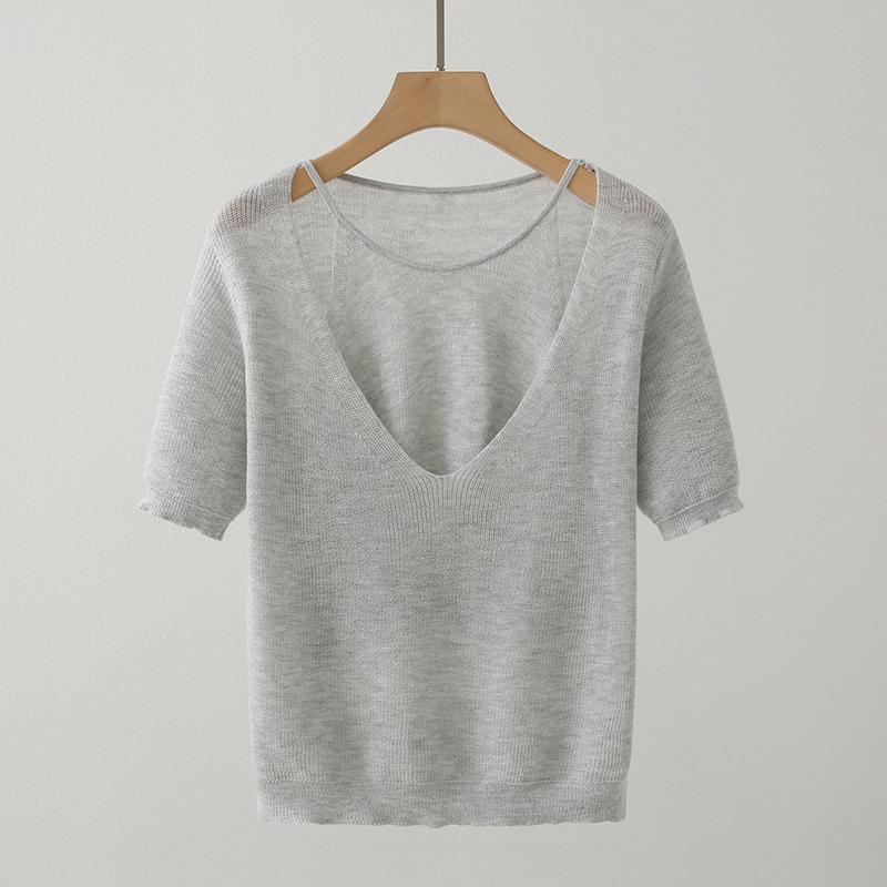 

Летний повседневный свитер женский с круглым вырезом, имитация двух частей, пуловер, женские топы с коротким рукавом, однотонный трикотаж, трендовые свитера One Size