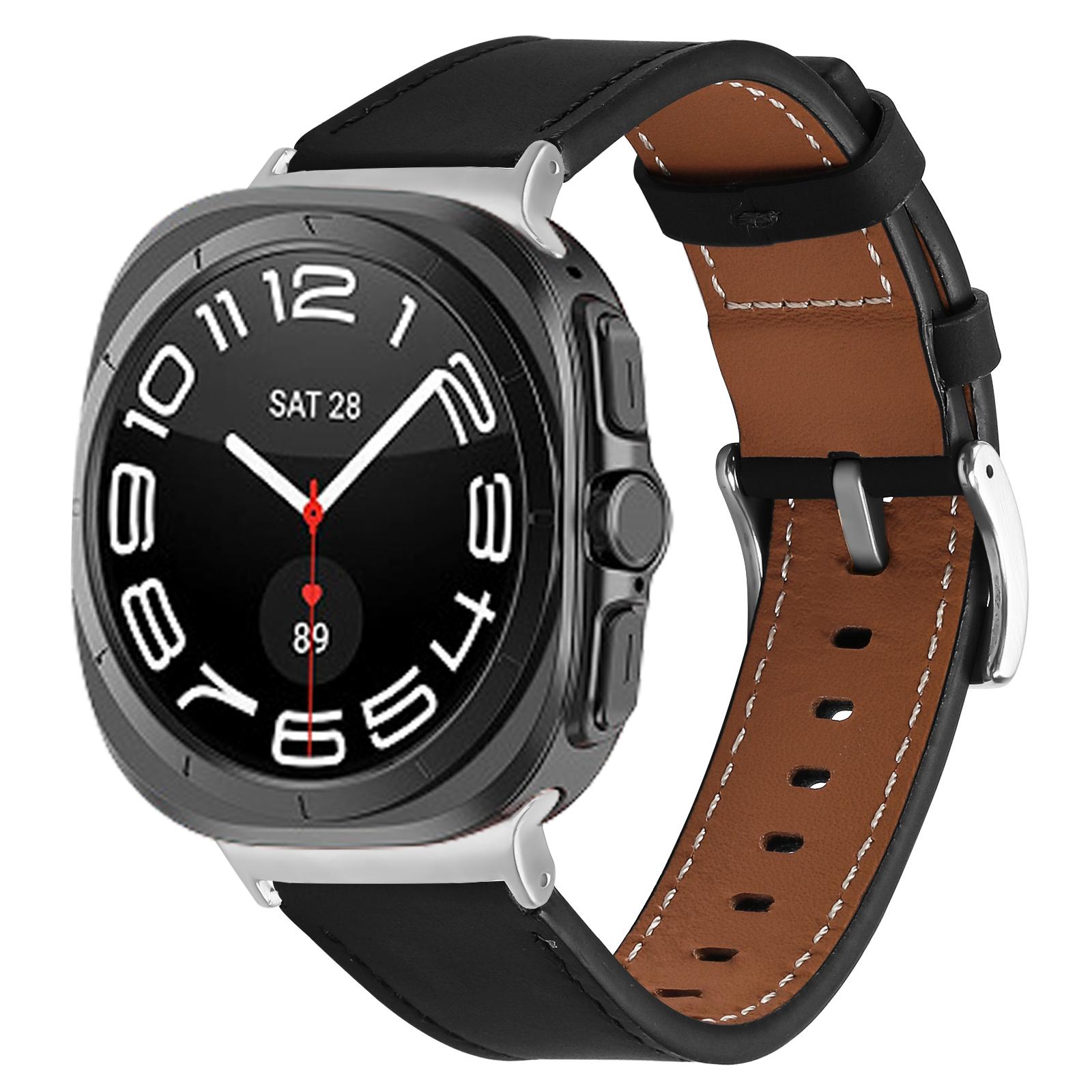 

For Galaxy Watch Ultra 47mm Genuine Leather Watch Band Adjustable Wrist Strap Black