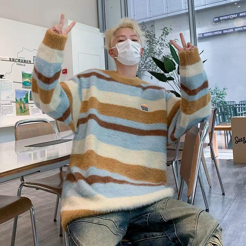 Comfortable Striped Crew Neck Sweater Men's Autumn and Winter Mink Hair Loose Versatile Lazy Wind Couple Warm Knitted Thread