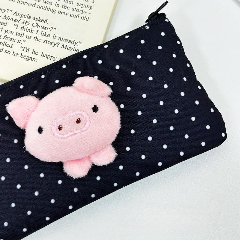 Cute Piggy Plush Pencil Case Polka Dot Large Capacity Storage Bag for Girls Students Black Color Cartoon Stationery Holder Pouch