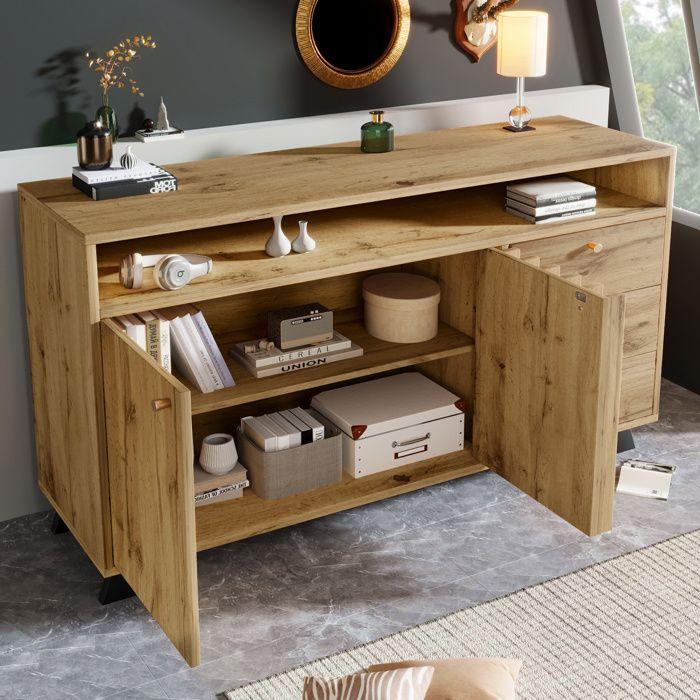 Buffet - 3 Drawers and 2 Doors - Storage Furniture - Adjustable Shelf - Living Room, Dining Room, In Dark Oak, 120x40x85 Cm