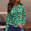 Women's Halloween Print Long Sleeve Top with Round Neck and Hem Slit