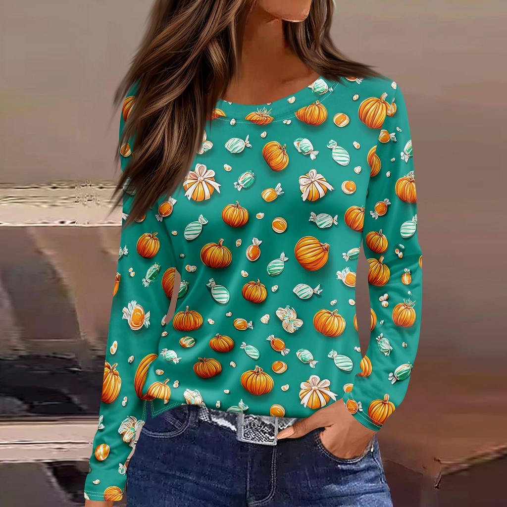 Women's Halloween Print Long Sleeve Top with Round Neck and Hem Slit
