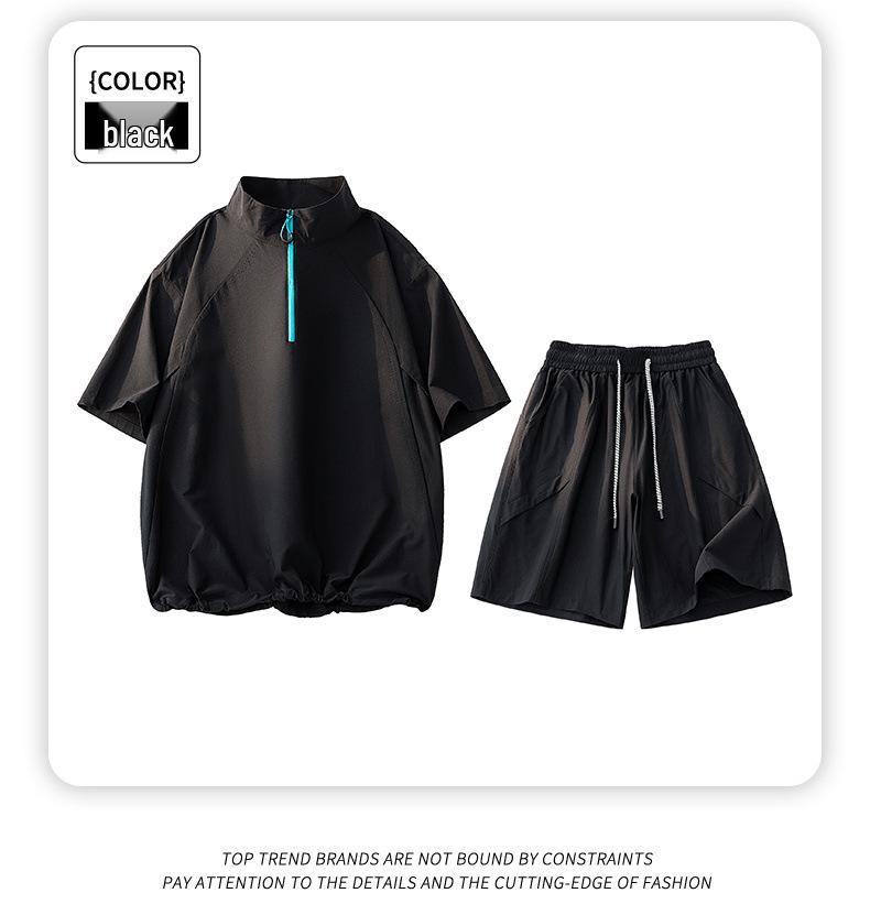 Plus Size Ice Silk Quick-Dry Outdoor Sports Set: Short Sleeve Half-Zip T-Shirt & Breathable Shorts