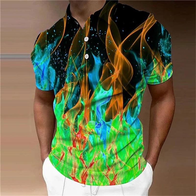 3D Print Colorful Flame Graphic Men Short Sleeve Tops New Outdoor Streetwear Men Clothing
