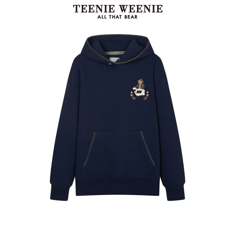 

Teenieweenie Bear Women s Hooded Sweatshirt Winter Casual Bag Stitching Embroider Tops Navy blue 165/M
