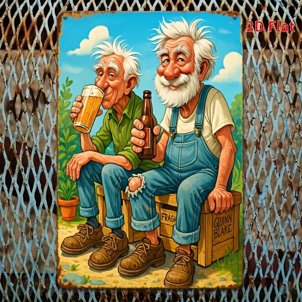 [2D Flat] Vintage-Wandbild aus Metall mit Biermotiv, 20 x 30 cm – Rustikales Blechschild mit Comicfiguren von alten Männern und Bierkrügen, ideal für Zuhause
