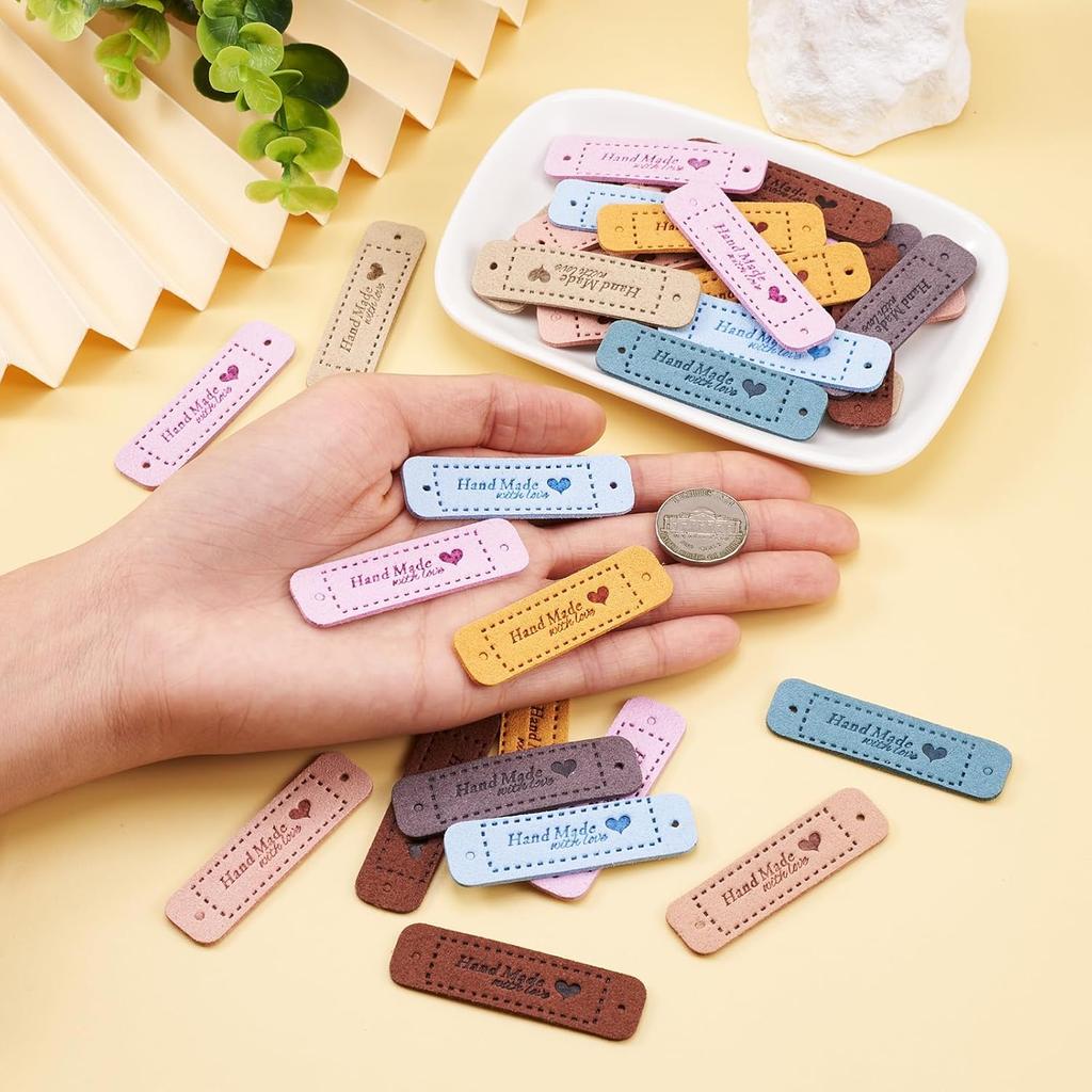 Cheriswelry 54pcs Microfiber Leather Labels 9 Color Rectangle Word Handmade & Love Cloth Labels Art Woven Tag Knitting Fashion Garment Sewing Label