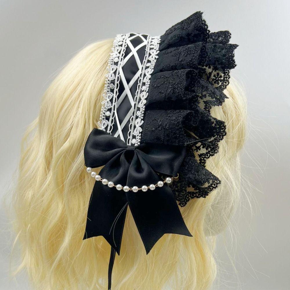 Ribbon Bow Ruffled Hairband Pearl Lolita Hair Clip Creative Maid Cosplay Headdress Daily