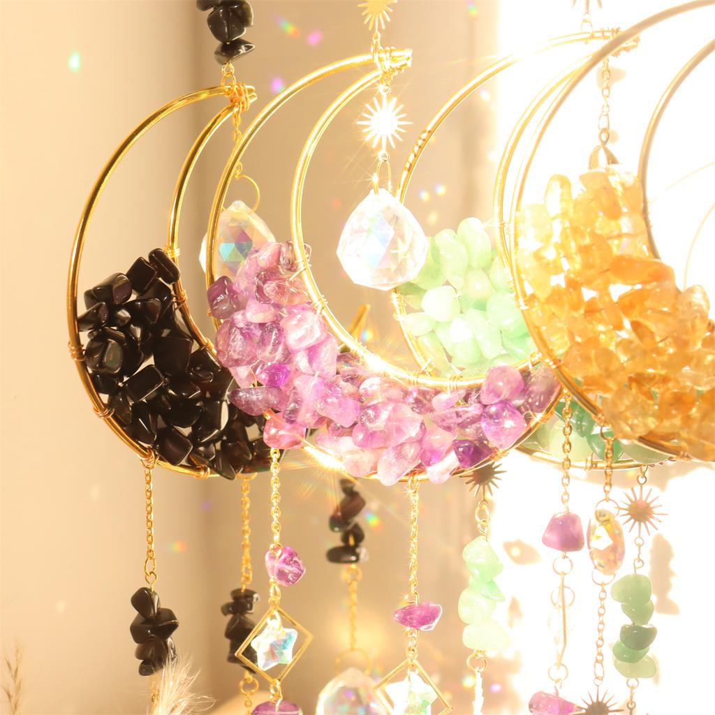 Crystal Hourglass with Moon Sun Catcher Pendant Decorative Craft for Window Hanging, Light Catcher for Indoor and Outdoor Decor