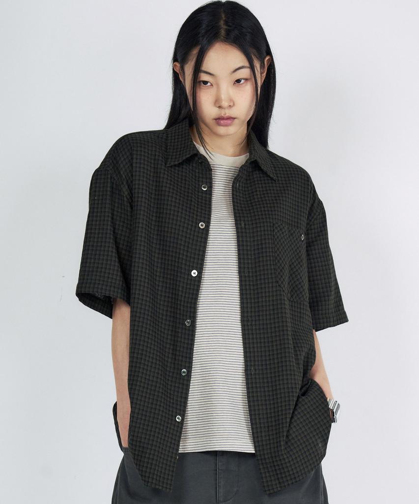 SLOWACID Gingham Check Short Sleeve Shirt [Khaki]