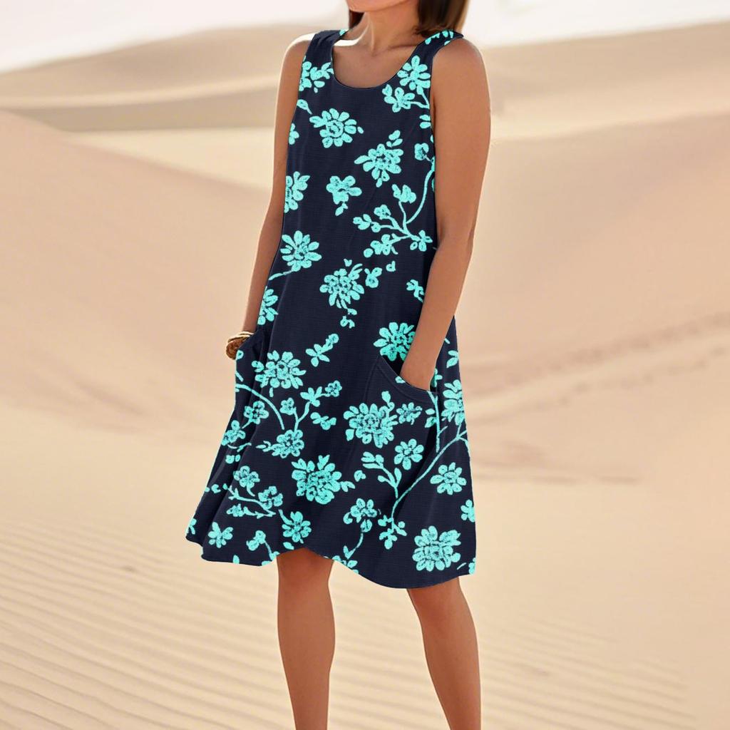 Women's Casual Summer Floral Print Sleeveless Pocket Dress