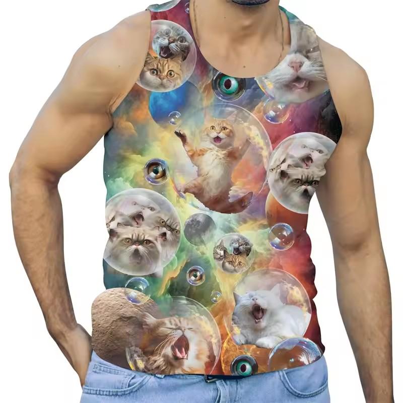 Funny Alien Cat 3D Print Tank Tops Men Clothing Cartoon Animal Letter Vest Cool Sleeveless Harajuku Streetwear Tops Tees