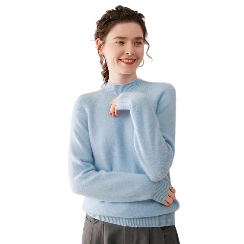 Women's Cashmere Double-Ply Thick Knit Sweater - Half-High Neck, Drop Shoulder, Versatile Solid Color, Autumn/Winter Warm Base Layer