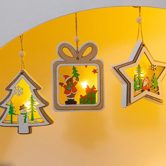Yousheng Wooden Christmas Decor with LED Light 3D Carved Hanging Wood Star/Village House/Bell/Gift Box Ornament for Xmas Tree Decor