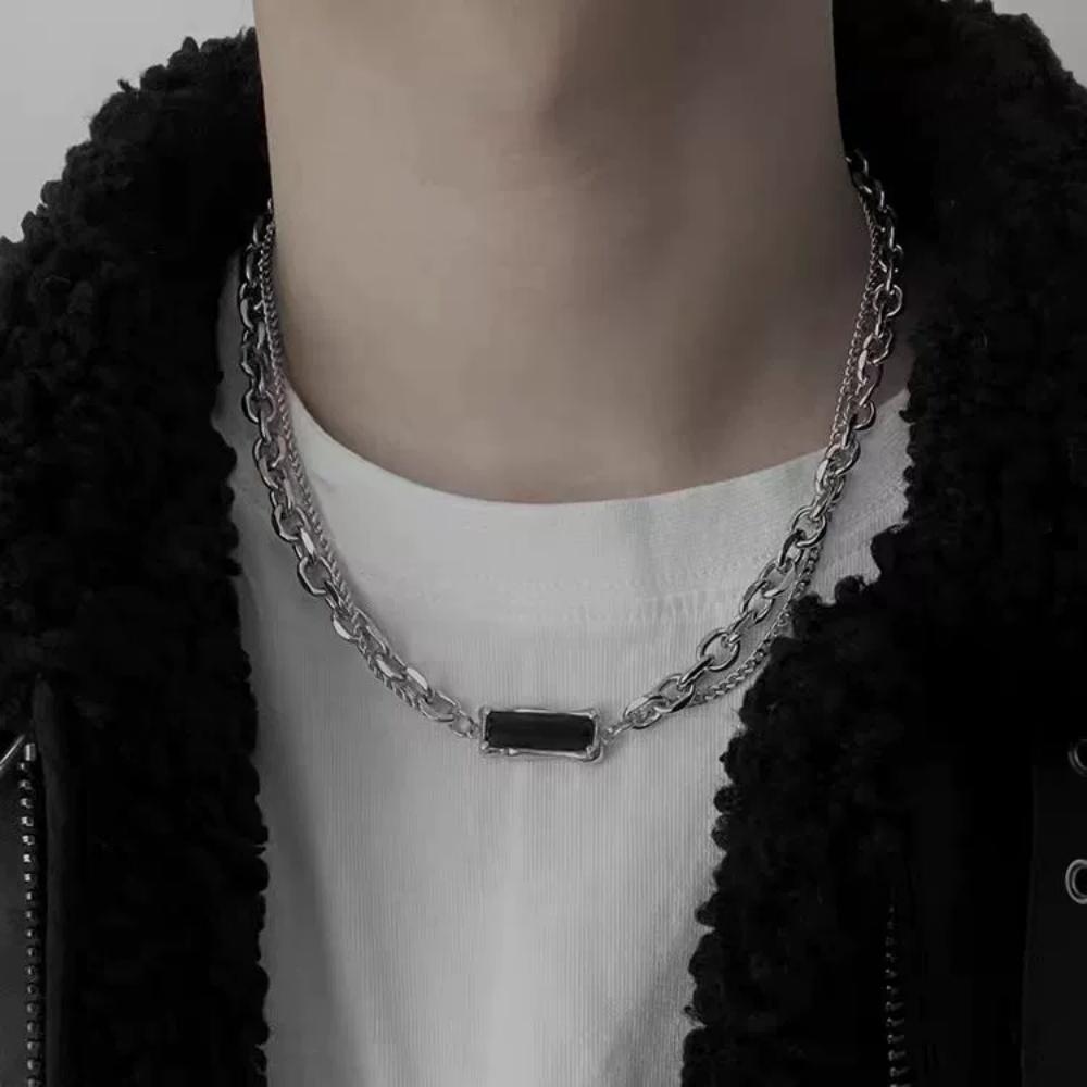 New Stainless Steel Multi-layer Geometric Sparkling Black Zircon Bracelet Necklace Unique Trendy Fashion High-end Couple Jewelry