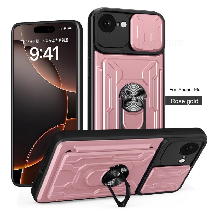 Push Window Card Slot Phone Armor Case For iPhone 16e SE4 20205 Heavy Duty Slide Lens Protector Ring Holder Stand Cover For Apple 16 15 14 13 Pro Max