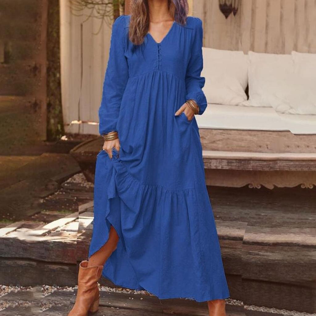 Damen Freizeit Maxikleid Langarm Locker Knopf V-Ausschnitt Hohe Taille Fließendes Kleid