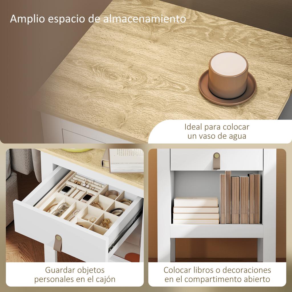 Nightstand, 1 Drawer, Open Compartment, PU Handle, 45x40x55 Cm, White