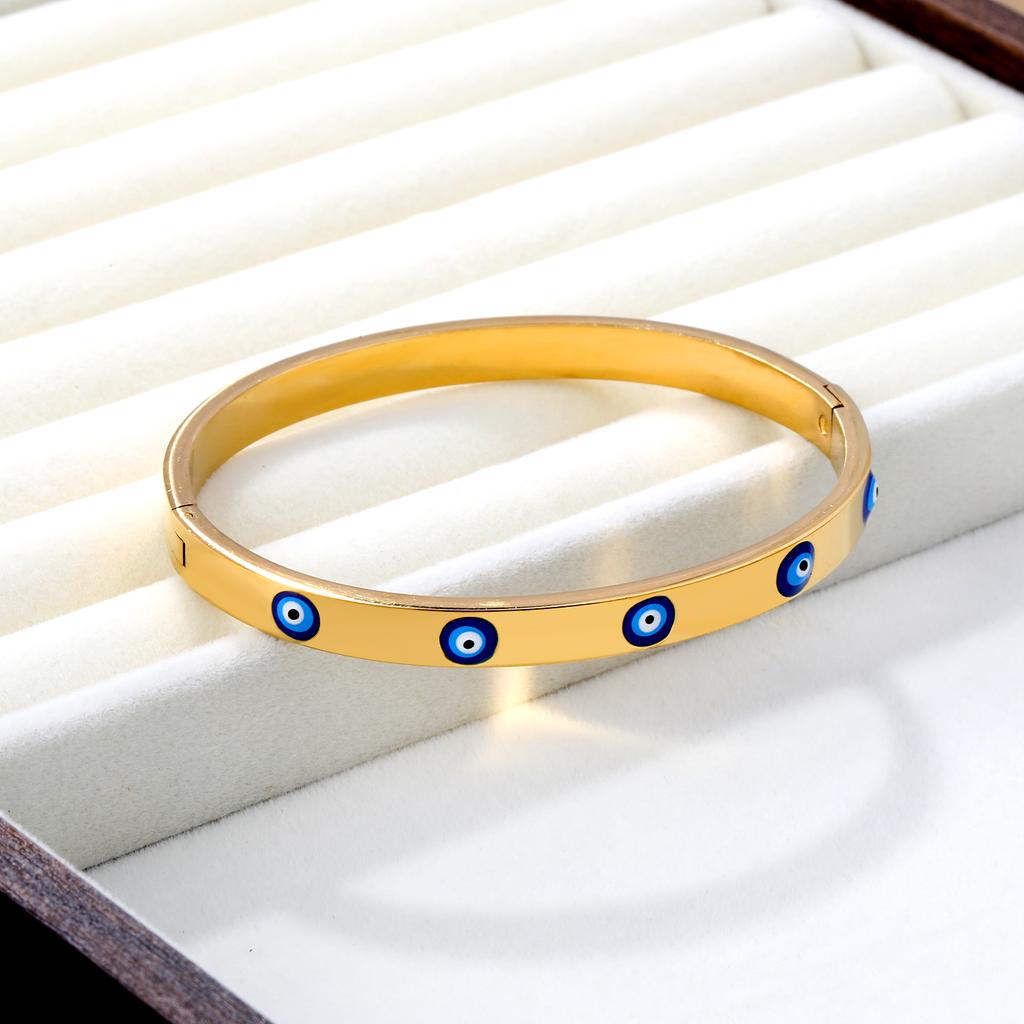 Blue Turkish Eyes Drip-Oil Gold PVD Plated Bangles Waterproof Stainless Steel Hard Bracelets for Female Girl Wrist Jewelry Gifts