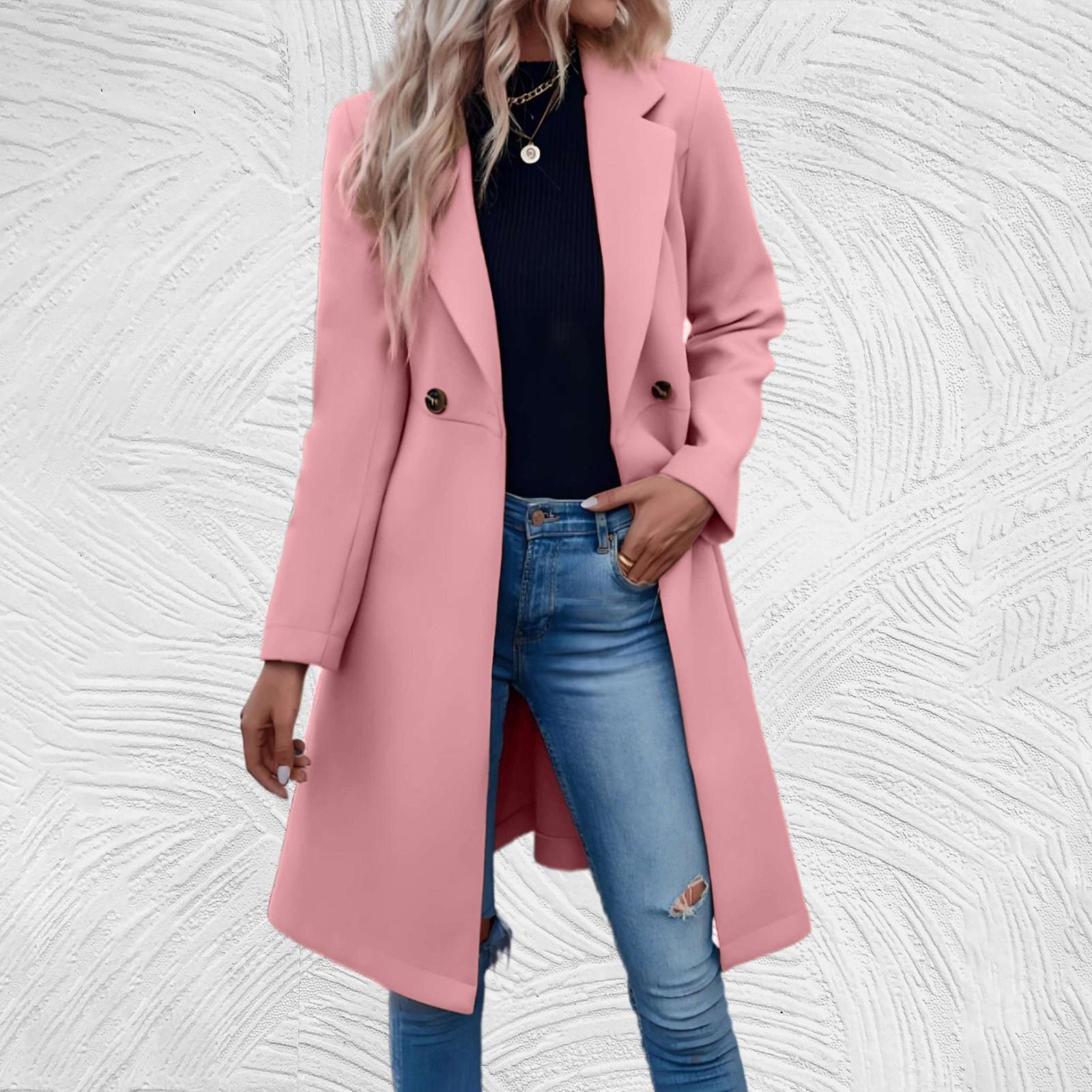 

Женское длинное шерстяное женское пальто с завязками на талии и двойной пряжкой L розовый