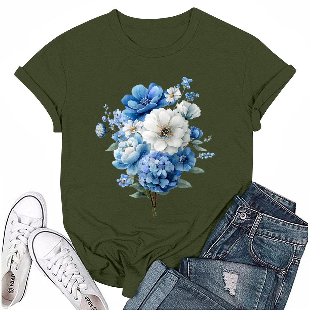 Women's Fashion Casual Printed Round Neck Short Sleeved T-Shirt Top T-Shirt Top Top