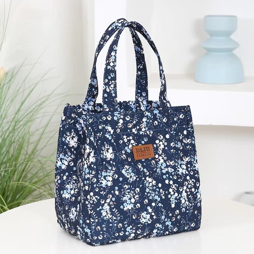 

Portable Floral-printed Lunch Box Bag Large Capacity with Zipper Lunch Tote Bag Nylon Picnic Lunchbox Bag