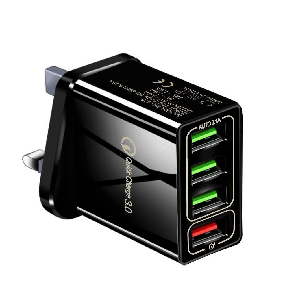QC3.0 Multi-Port Fast Charger: 4 USB Ports, 5V/9V/12V, US & EU Plug, Travel Friendly.
