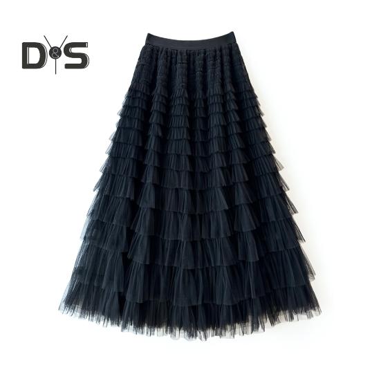 

Женская юбка-торт, однотонная длинная юбка со средней талией и эластичным поясом, сетчатый подол, юбка-макси А-силуэта, повседневная одежда чёрный