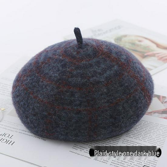 

Женский ретро клетчатый шерстяной берет - Универсальная осенне-зимняя шляпа для стройного силуэта, подходит для большого обхвата головы One Size