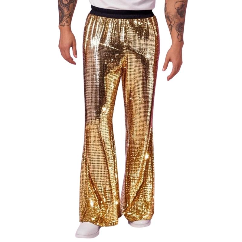 

Glitter Sequins Flared Bottom Pants for Dance Stage Performances Feature Comfortable Elastic Design Polyester Fabric XL золотой