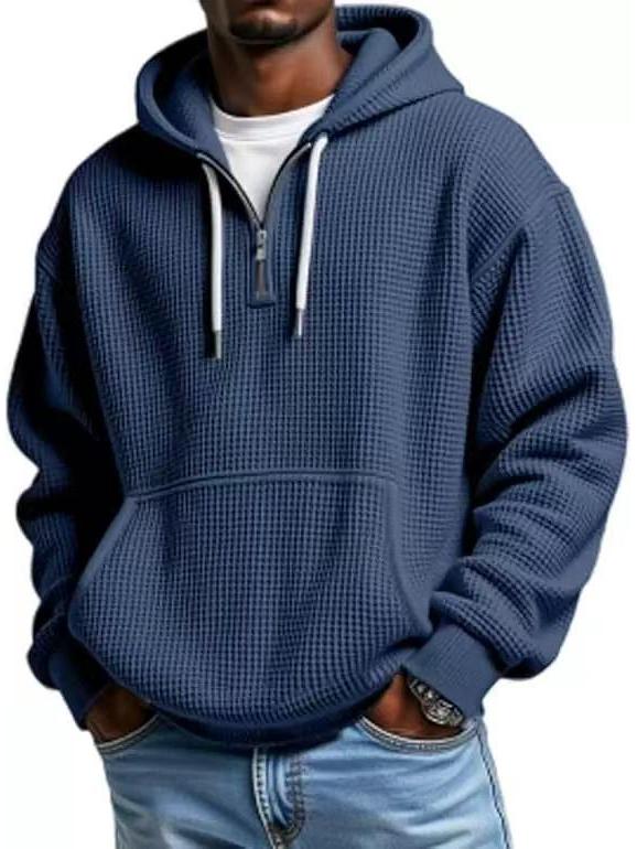 European Heavyweight Waffle Long Sleeve Hooded Sweatshirt - Men's Loose Fit, Pure Color, Casual Style