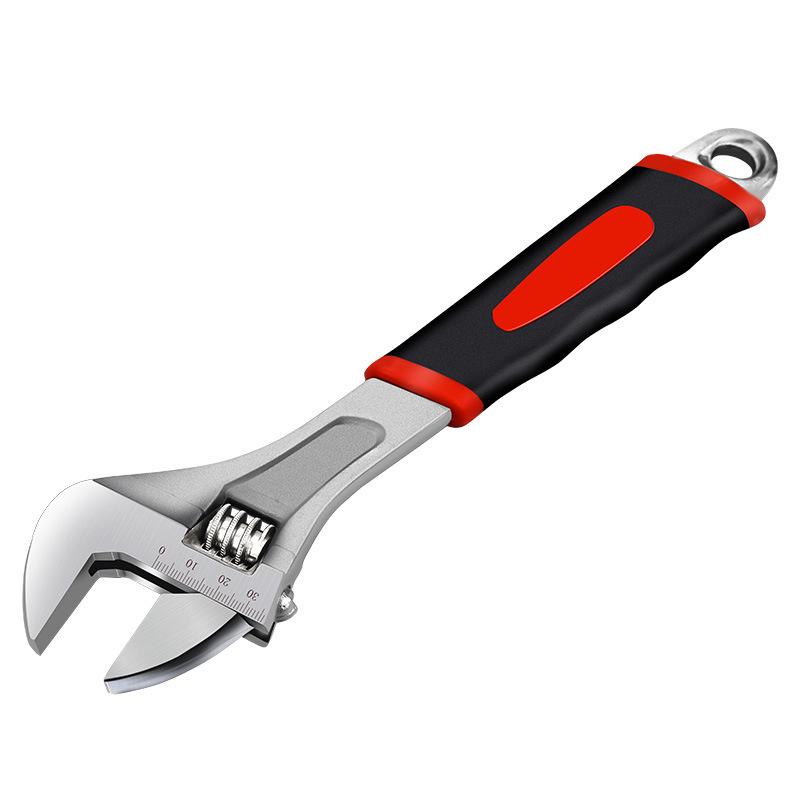 Rubber-coated adjustable wrench for auto repair, vehicle maintenance, and household use with open-end plastic handle.