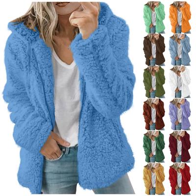 Damenmode, einfarbige Jacke, lange Ärmel, Reißverschluss, Kapuze, Plüschmantel