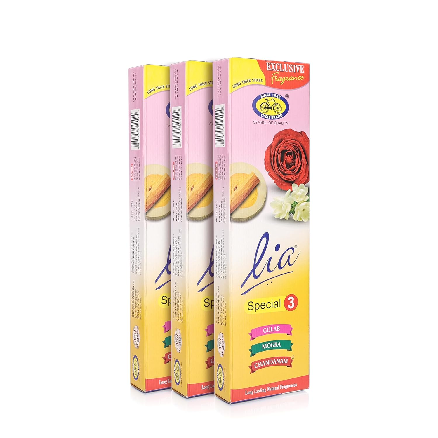 

Lia 3 in 1 Assorted Pack Agarbatti With Gulab Mogra Chandanam Fragrance Ideal For Meditation Home Puja pack of 3
