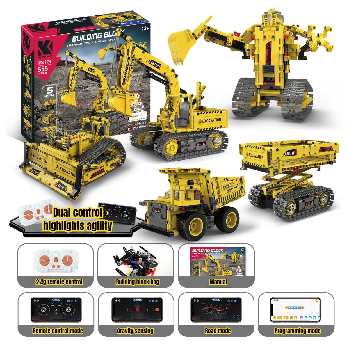 

5-in-1 Stem Building Robot,555 PCS Kits for Kids , APP & Remote Control,Excavator Construction Toys, Programmable Erector, Gift