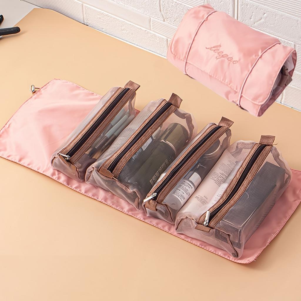 Pink waterproof detachable 4-in-1 makeup bag Multifunctional portable toiletry bag set Large capacity travel mesh storage bag