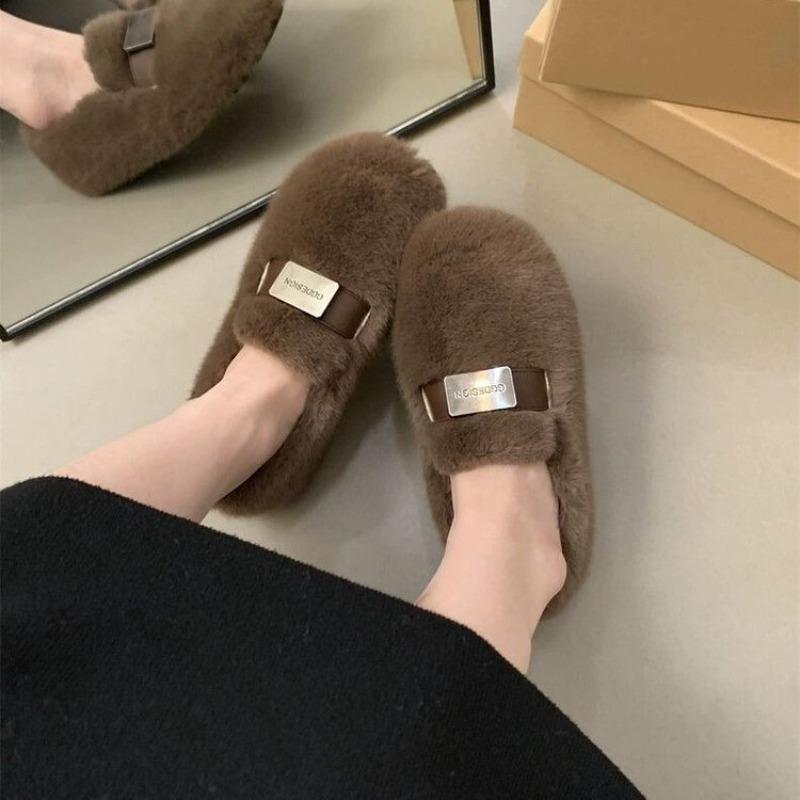 

Mao Mao shoes women wear new autumn and winter flat-soled cotton shoes with one pedal and velvet warm bean shoes 40 коричневий