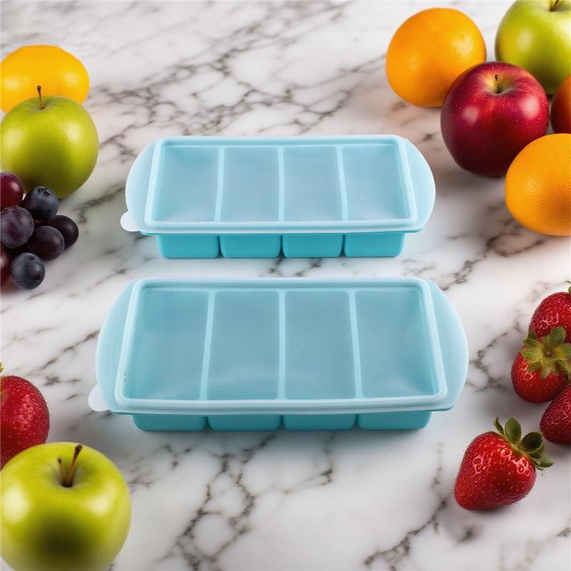A84E-Silicone Freezer Tray& Lid-Freezer Food Molds Ice Cube Tray, 2Pcs Freezer Container For Freezing& Storing Soup