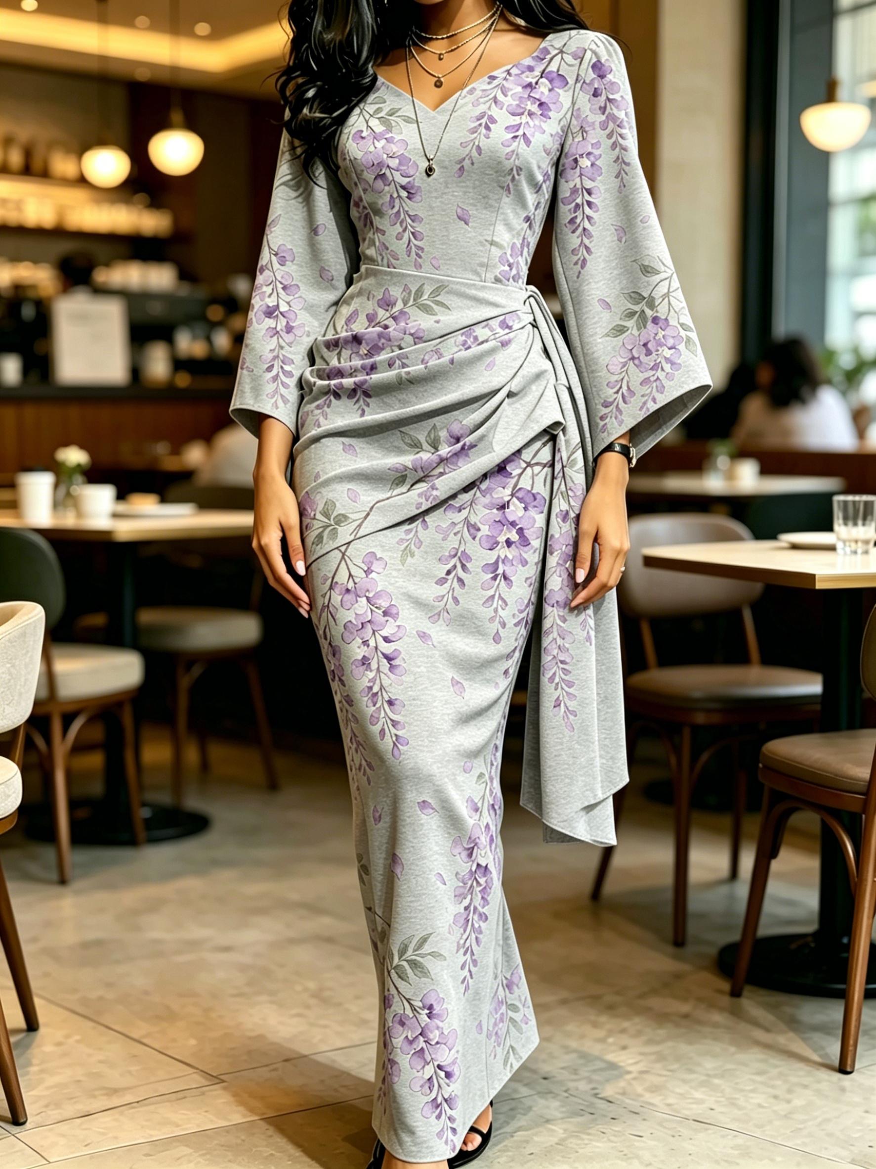 Women s Grey Wisteria Print Maxi Dress V Neck Wrap Waist Flare Sleeve Party Gown XS