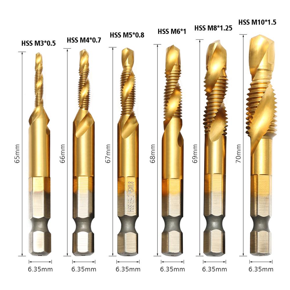 Szliyands 6-Piece Combination Drill and tap Drill bit Set Made of 6542 high-Speed Steel M3-M10 HSS 1/4 hex Shank countersunk tap Drill bit Szliyands 6-Piece Combination Drill and tap Drill bit Set Made of 6542 high-Speed Steel M3-M10 HSS 1/4 hex Shank countersunk tap Drill bit