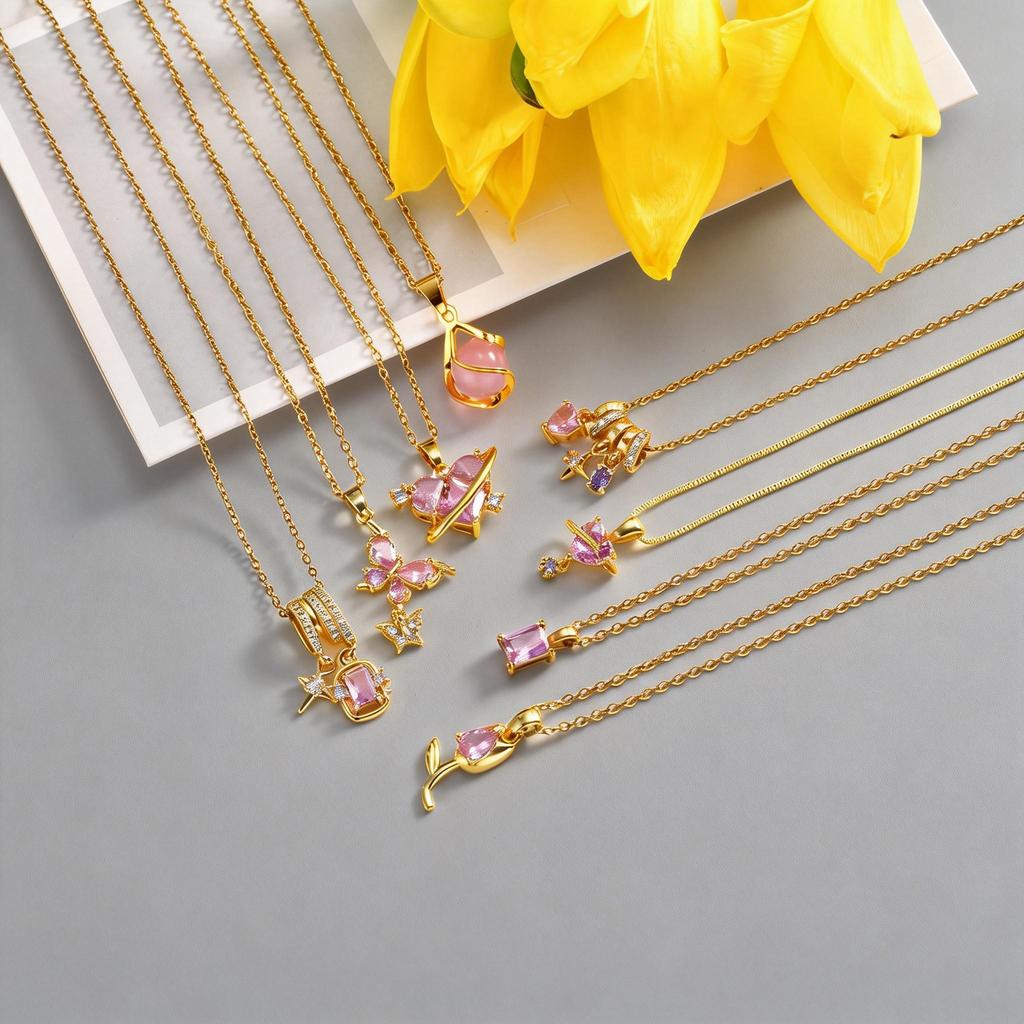 Pink Water Drop Zircon Pendant Necklace for Women Link Chain Tulip Flower Necklaces Luxury Daily Charm Jewelry Gift