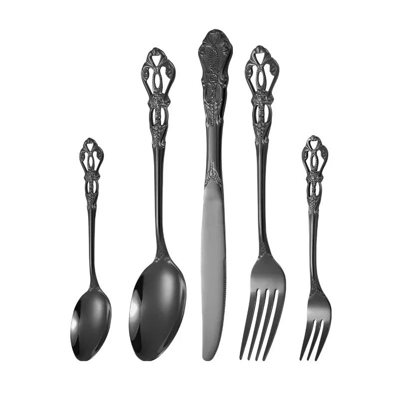 European Style Stainless Steel 4pcs Dinnerware Set - Retro Hollow Design Gold Spoon, Fork and Royal Steak Knife for Home Decor