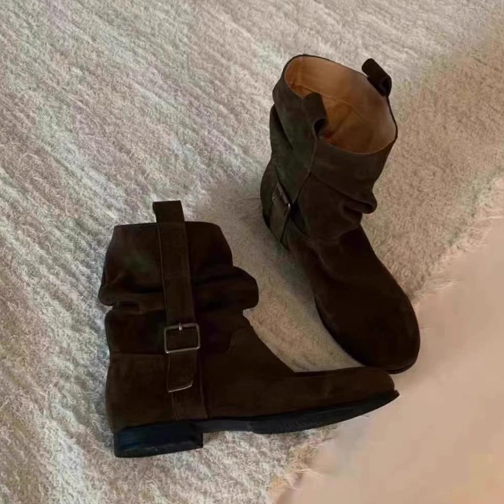 Cowhide version~ retro pleated piled boots round head flat bottom western cowboy boots women's new Martin boots short boots women's