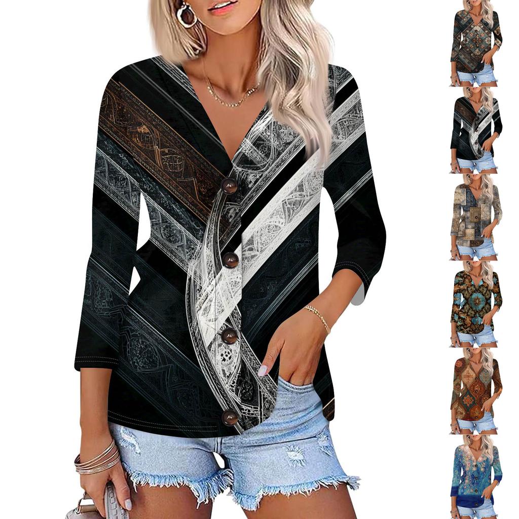 Dámská módní ležérní košile s potiskem na knoflíky, 3/4 dlouhý rukáv